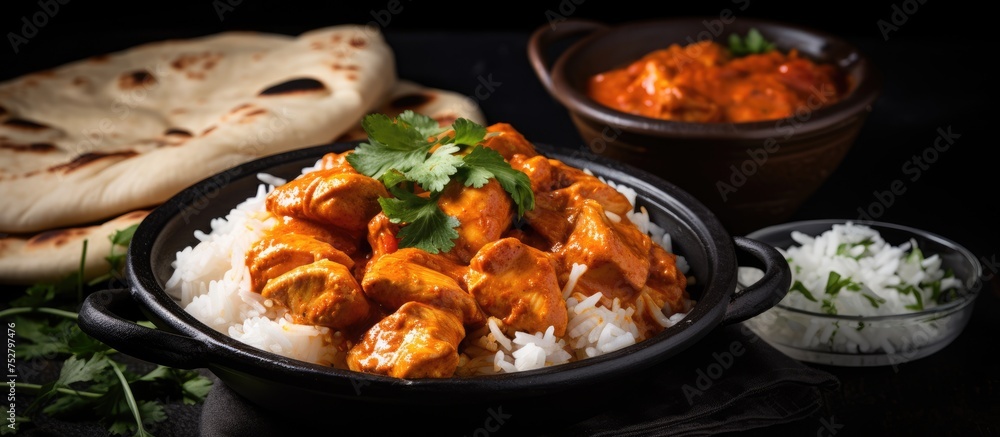 Savory Chicken Curry Served with Fluffy Rice and Warm Naan Bread in a Traditional Indian Meal Setting Savory Chicken Curry Served with Fluffy Rice and Warm Naan Bread in a Traditional Indian Meal Setting