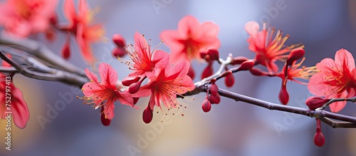 Vibrant Red Blossoms Adorning a Delicate Branch in Springtime Botanical Beauty