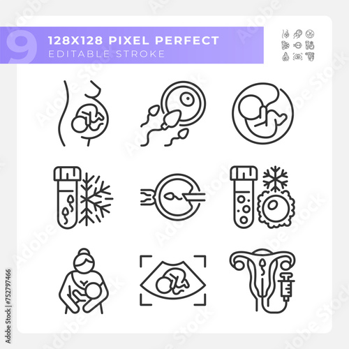 Artificial insemination linear icons set. Genetic material collecting. Dna freezing. Child care, breastfeeding. Customizable thin line symbols. Isolated vector outline illustrations. Editable stroke