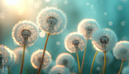Spring nature. Beautiful landscape. Spring background with white dandelions.