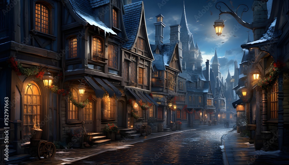 Fantasy illustration of an old town at night with a street lantern