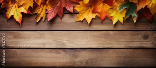Rustic Wood Background Adorned with Vibrant Autumn Leaves and Seasonal Foliage