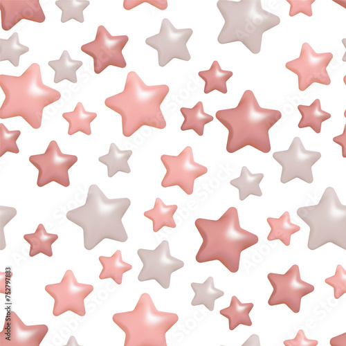 Pink and grey pastel 3D stars seamless pattern background.