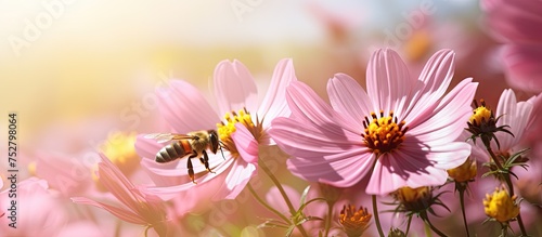 Vibrant Bee Collecting Pollen on a Delicate Pink Flower in a Lush Garden Setting photo