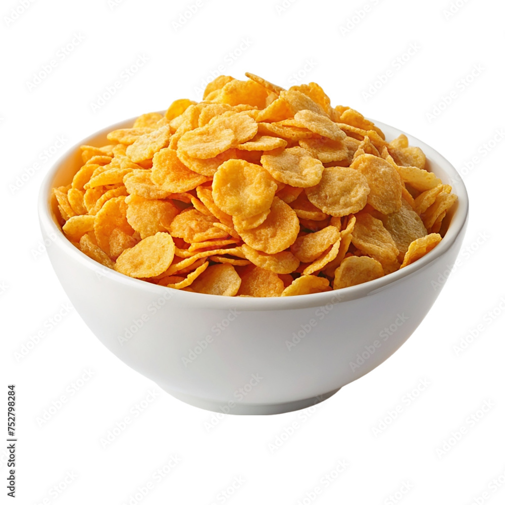 Bowl of cornflakes isolated on transparent background. Close up.