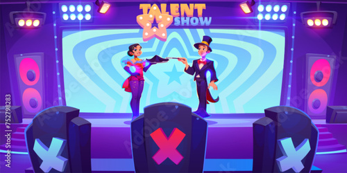 Talent show scene with magician performers in big hall with chairs of jury with reaction, spotlights and loudspeaker. Cartoon vector illustration of performance review on competition and contest stage