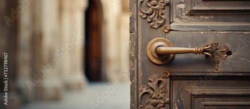 Captivating Rustic Wooden Door with Vintage Metal Handle in Close-Up View
