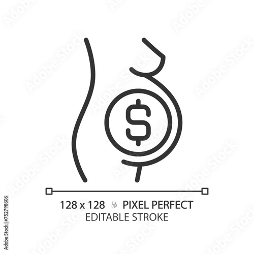 Surrogate pregnant woman linear icon. Gestational carrier, childbearing. Paid pregnancy, womb for rent. Thin line illustration. Contour symbol. Vector outline drawing. Editable stroke