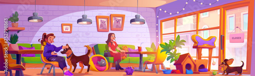 Dog and cat friendly cafe interior with furniture and equipment. Cartoon women with pets rest in cafeteria on chair and sofa. Feeding bowls, bed and toys for domestic animals in public place for eat. © klyaksun