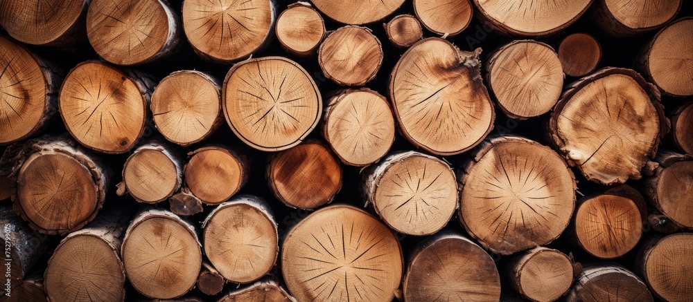 A collection of cut logs neatly arranged in a stack next to each other. The logs are various sizes and shapes, showing the marks of the sawing process. A collection of cut logs neatly arranged in a stack next to each other. The logs are various sizes and shapes, showing the marks of the sawing process.