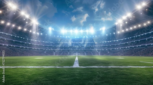 Full stadium background. lighting sport stadium. Image for winning, sport, competition. Empty copy space for ad, celebration, championships design.  photo