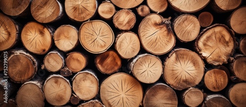 A collection of cut logs neatly arranged in a stack next to each other. The logs are various sizes and shapes  showing the marks of the sawing process.