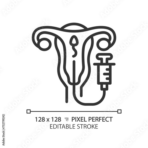 Intrauterine insemination linear icon. Artificial impregnation. Reproductive technologies. Medical fecundacion. Thin line illustration. Contour symbol. Vector outline drawing. Editable stroke