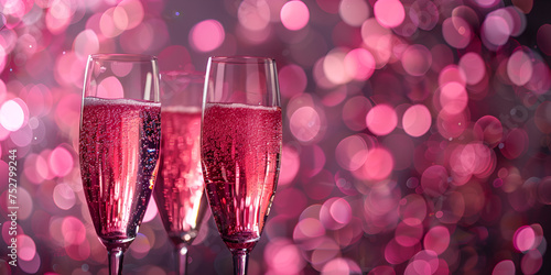 Pink rose champagne glasses close up, bokeh lights background. New year, Valentines day celebration toast festive rose gold blur pink champagne sparkle glitter web banner and background 