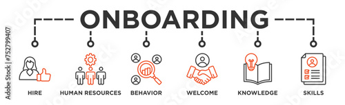 Onboarding banner web icon vector illustration concept for human resources business industry to introduce newly hired employee into an organization with behavior, welcome, knowledge, and skills icon