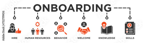 Onboarding banner web icon vector illustration concept for human resources business industry to introduce newly hired employee into an organization with behavior, welcome, knowledge, and skills icon
