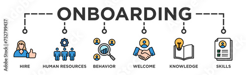 Onboarding banner web icon vector illustration concept for human resources business industry to introduce newly hired employee into an organization with behavior, welcome, knowledge, and skills icon