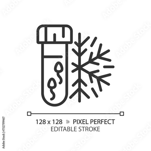 Sperm cryopreservation linear icon. Semen collection. Genetic material preservation. Seed donoring, microbiology. Thin line illustration. Contour symbol. Vector outline drawing. Editable stroke