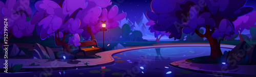 Empty city park with bridge over pond or river, pink flowering sakura trees and lanterns at night. Cartoon spring vector of japanese cherry woods in urban garden.