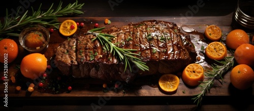 Succulent Steak with Vibrant Orange Slices and Fresh Rosemary on Wooden Cutting Board