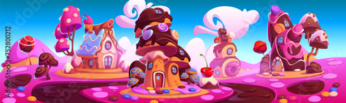 Candy land with fantasy sweet dessert houses, chocolate river and pink jelly banks. Cartoon vector landscape of cute fantasy fairy sugar world with home made of cake and cookie, caramel and ice cream.