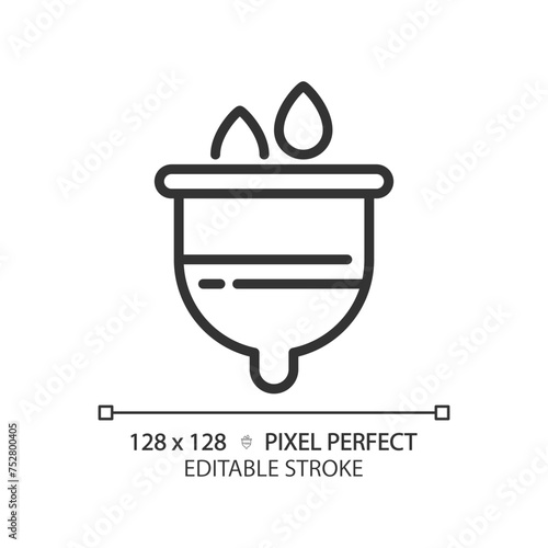 Menstrual cup linear icon. Feminine hygiene product. Medicinal silicone, liquid collection. Intrauterine device. Thin line illustration. Contour symbol. Vector outline drawing. Editable stroke