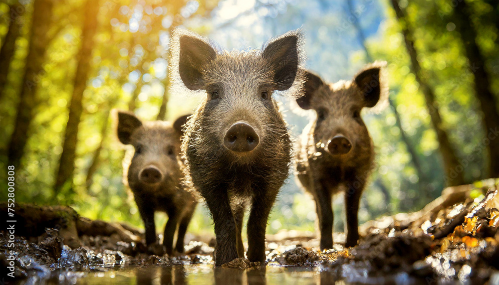 Closeup, front view and bottom view of a family of wild boar standing inside a muddy puddle in the green forest looking at the camera. Generative Ai. Closeup, front view and bottom view of a family of wild boar standing inside a muddy puddle in the green forest looking at the camera. Generative Ai.