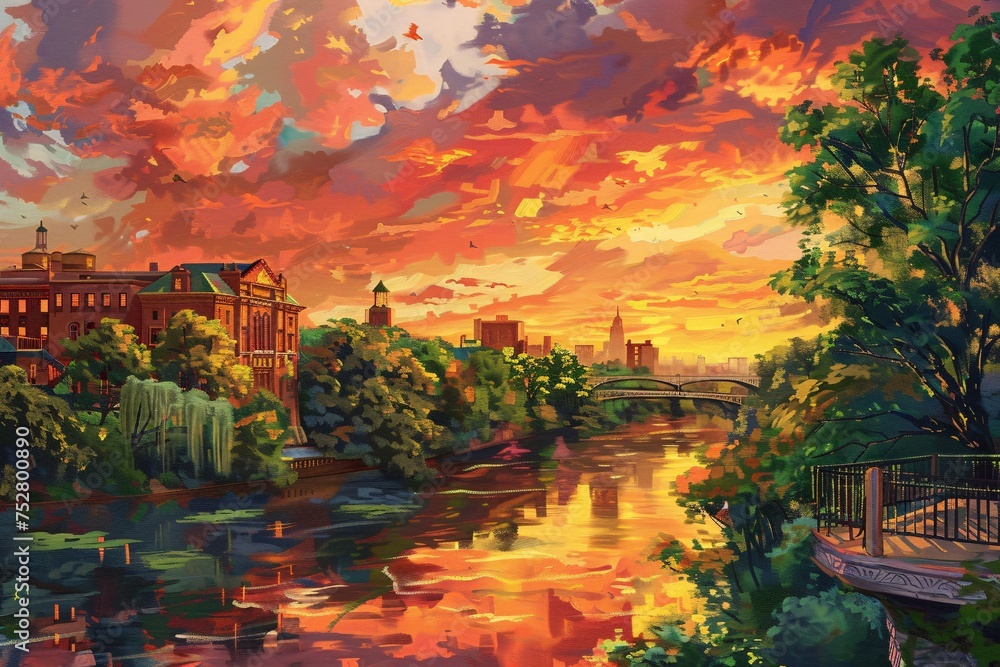 Sunset Serenade A Painted Cityscape with a Bridge and a River Generative AI