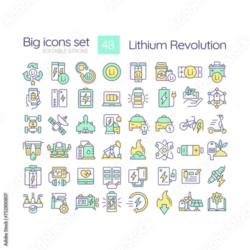 Lithium revolution RGB color icons set. Green energy solution, decarbonization. Consumer portable electronics. Isolated vector illustrations. Simple filled line drawings collection. Editable stroke