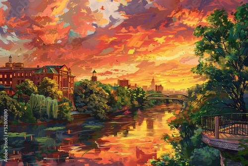 Sunset Serenade A Painted Cityscape with a Bridge and a River Generative AI