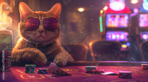 A cat gambler in sunglasses makes stacks in a casino.