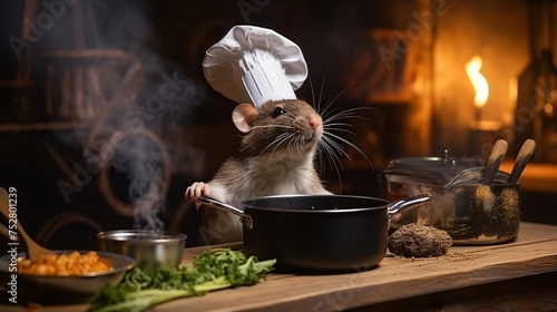 A domestic rat in a chefs hat cooks food in a pot. Hig