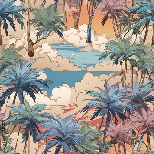 Seamless pattern of colorful palm trees on the beach at sunrise. Cartoon style. Repeatable image background.