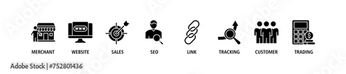 Affiliate marketing banner web icon stock vector illustration concept with icon of merchant, website, sales, seo, link, tracking, customer and trading