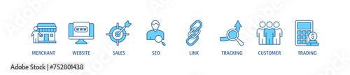 Affiliate marketing banner web icon stock vector illustration concept with icon of merchant, website, sales, seo, link, tracking, customer and trading