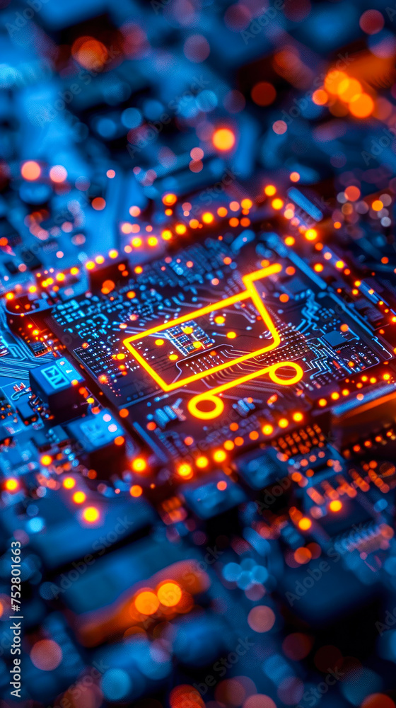 Obraz premium Close-up of a vibrant computer motherboard with a glowing shopping cart icon, highlighting concepts of e-commerce, digital shopping, and technology in the marketplace