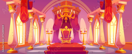 Castle hall room with golden king throne on pedestal with stairs, red carpet and wall curtain decoration, hanging flags and stone columns, chandelier on ceiling, large windows and candles in holder.