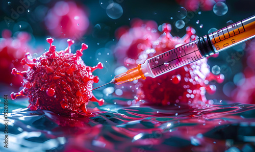 Close-up of a medical syringe injecting a vaccine into a virus molecule, symbolizing scientific breakthroughs in immunology and healthcare photo