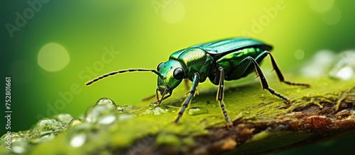 Vibrant Green Beetle Crawling on a Lush Leaf in a Macro Close-Up Shot