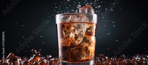 Refreshing Cola Beverage: Ice Cold Drink with Sparkling Cubes in a Glass