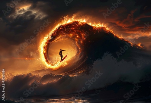 Surfing the Wave of Fire A Surfer Rides the Crest of the Wave in the Sunset Generative AI