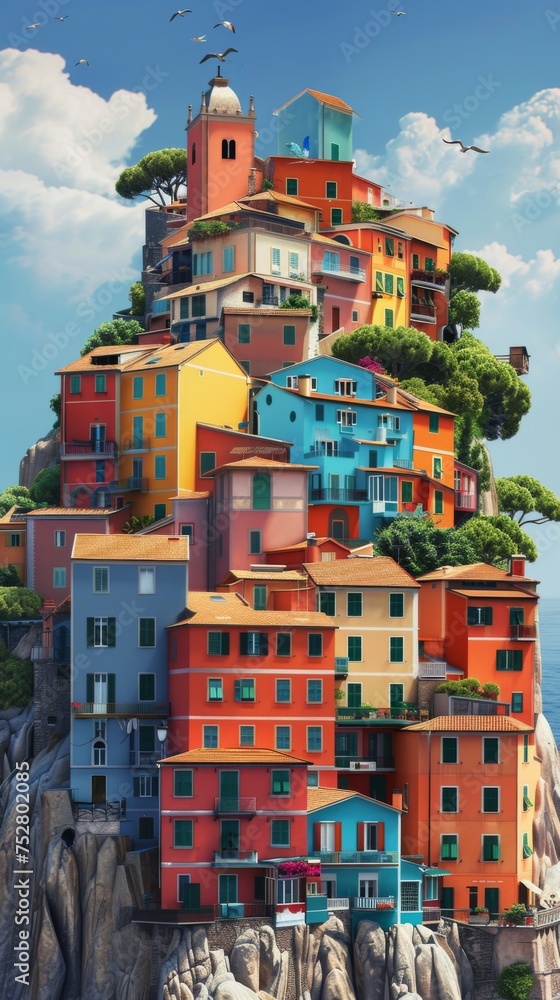 A colorful building on top of a cliff next to the ocean