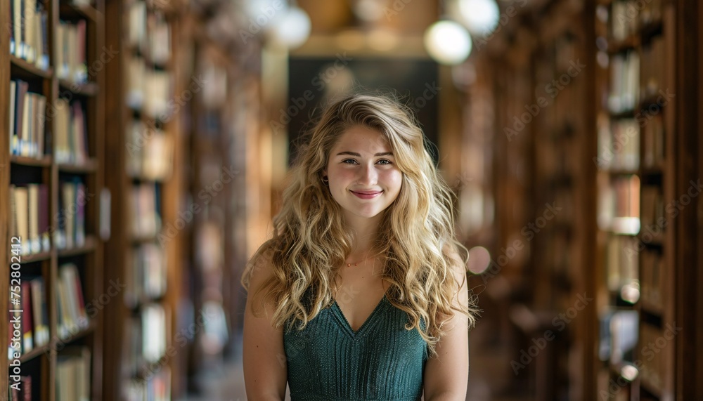 A Beautiful Blonde Woman in a Green Dress, Smiling and Standing in a Library Generative AI
