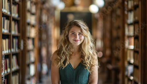 A Beautiful Blonde Woman in a Green Dress, Smiling and Standing in a Library Generative AI