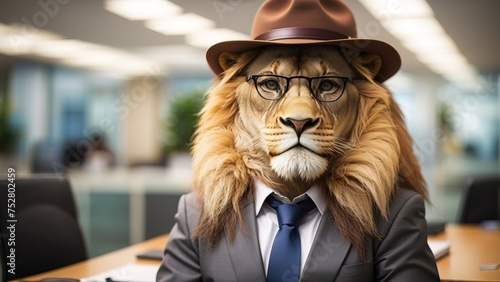 Lion become office boss, wearing glasses and hat photo