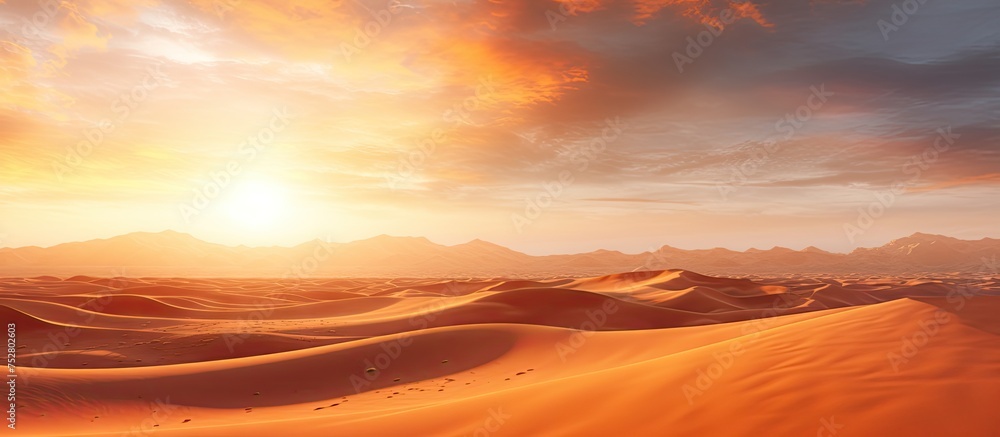 Vast Desert Landscape with Majestic Sand Dunes and Rugged Mountains on the Horizon
