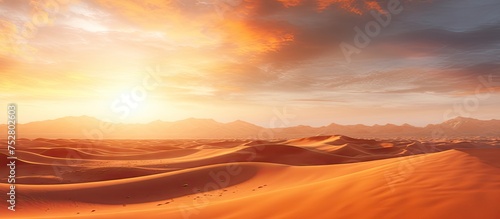 Vast Desert Landscape with Majestic Sand Dunes and Rugged Mountains on the Horizon