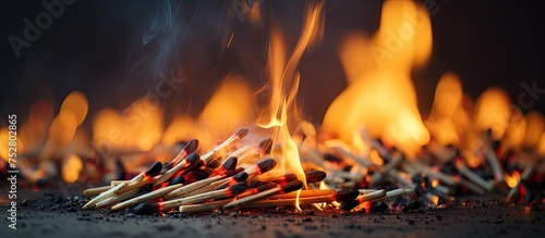 Fiery Reflection: A Heap of Matchsticks Alight with Flames in the Background