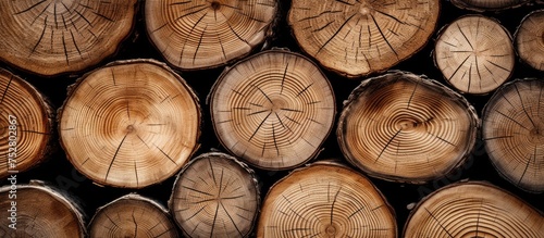 A pile of cut logs stacked neatly on top of each other in a symmetrical arrangement. The logs are uniform in size and shape  showing precision in the stacking process.