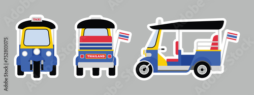 Tuk Tuk taxi travel in Thailand sticker isolated on white background. Thai transportation icon design element. Cartoon vector illustration.